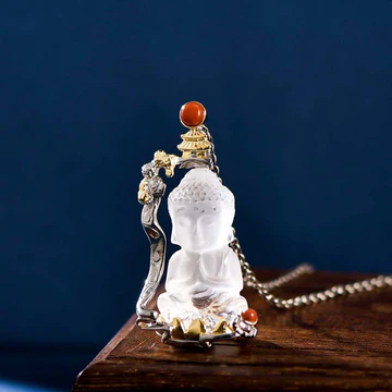 Buddha Stones 925 Sterling Silver White Crystal Buddha Carved Protection Necklace Pendant
