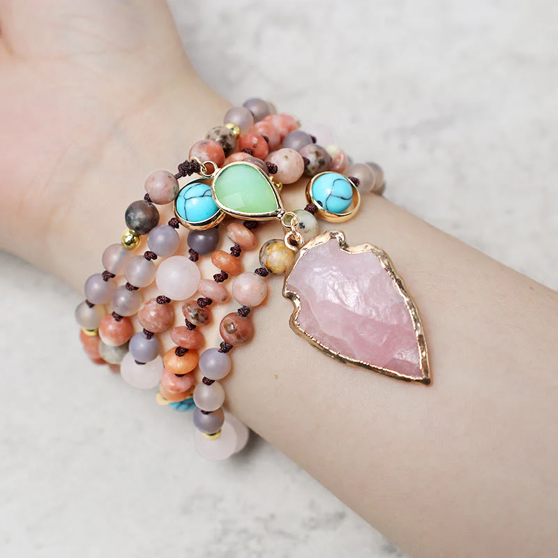 Buddha Stones Natural Rose Quartz Crystal Stone Healing Arrowhead Necklace Pendant