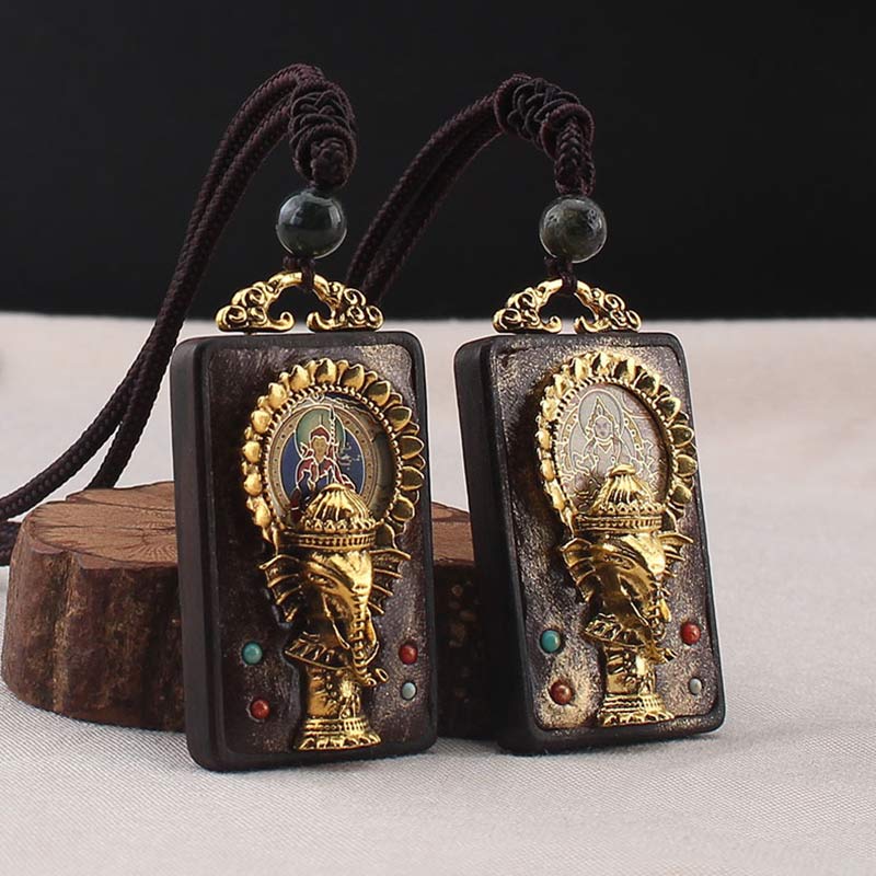 Buddha Stones Ebony Wood Elephant God of Fortune Buddha Blessing Necklace String Pendant