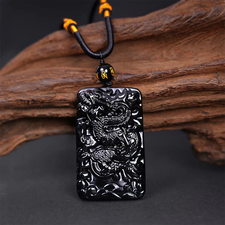 Buddha Stones Natural Black Obsidian Rectangular Dragon Engraved Success Necklace Pendant
