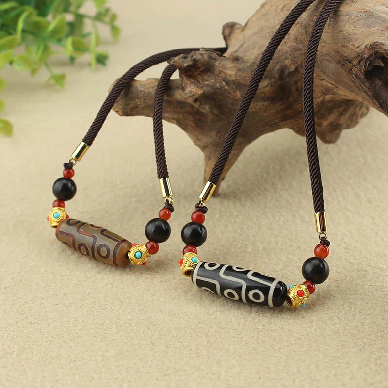 Buddha Stones Tibetan Nine-Eye Dzi Bead Protection Blessings String Necklace Pendant