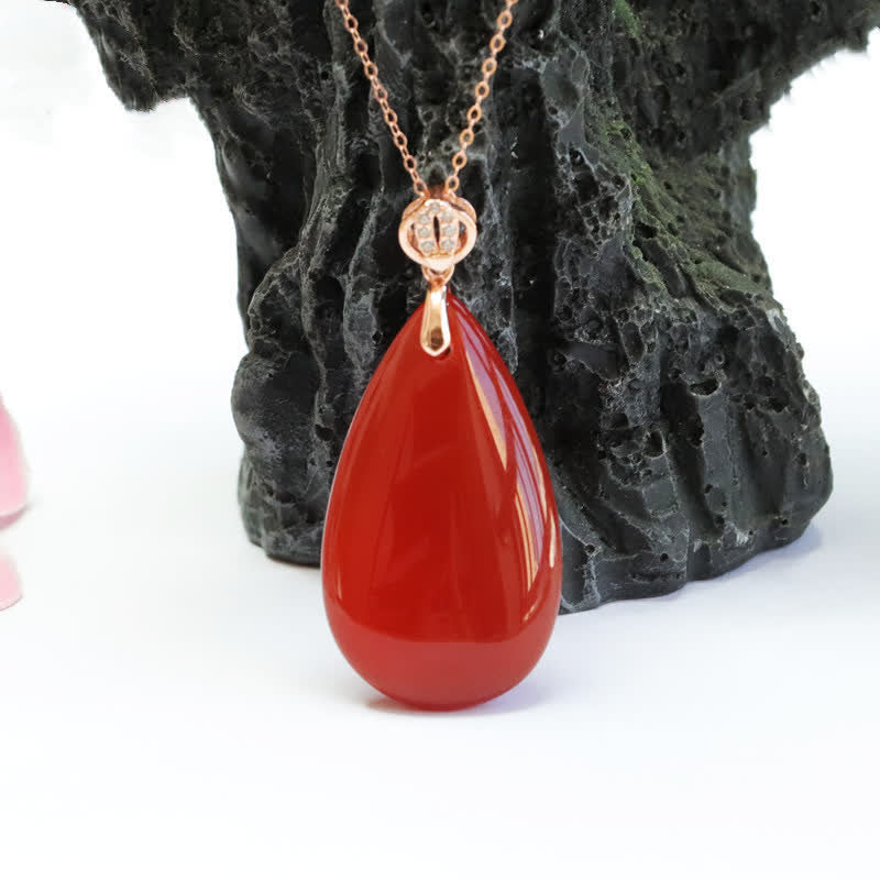 Buddha Stones 925 Sterling Silver Waterdrop Red Agate Confidence Necklace Pendant