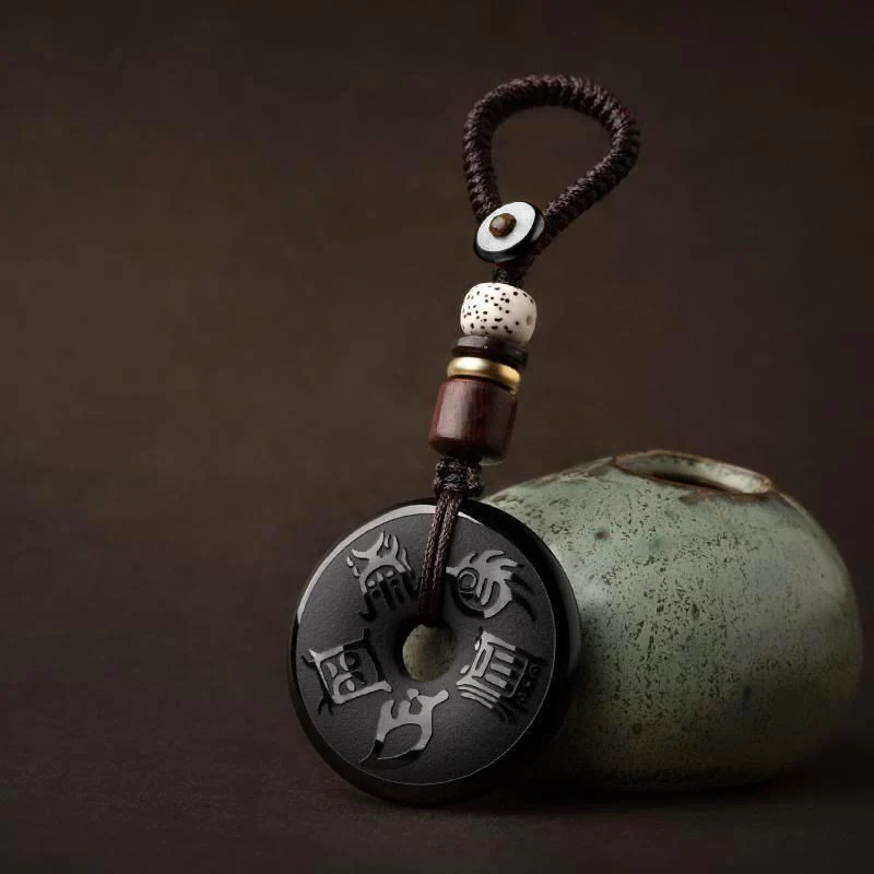 Buddha Stones Black Obsidian Taoism Five Sacred Mountains Carved Strength Peace Buckle Necklace