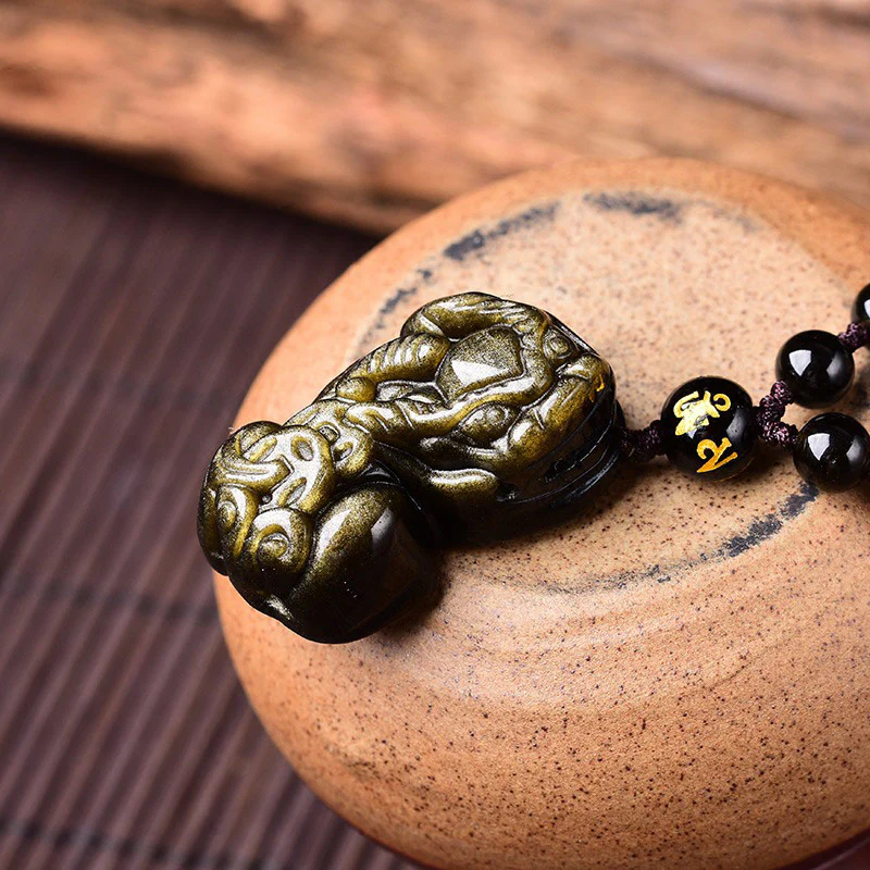 Buddha Stones FengShui Gold Sheen Obsidian PiXiu Wealth Necklace