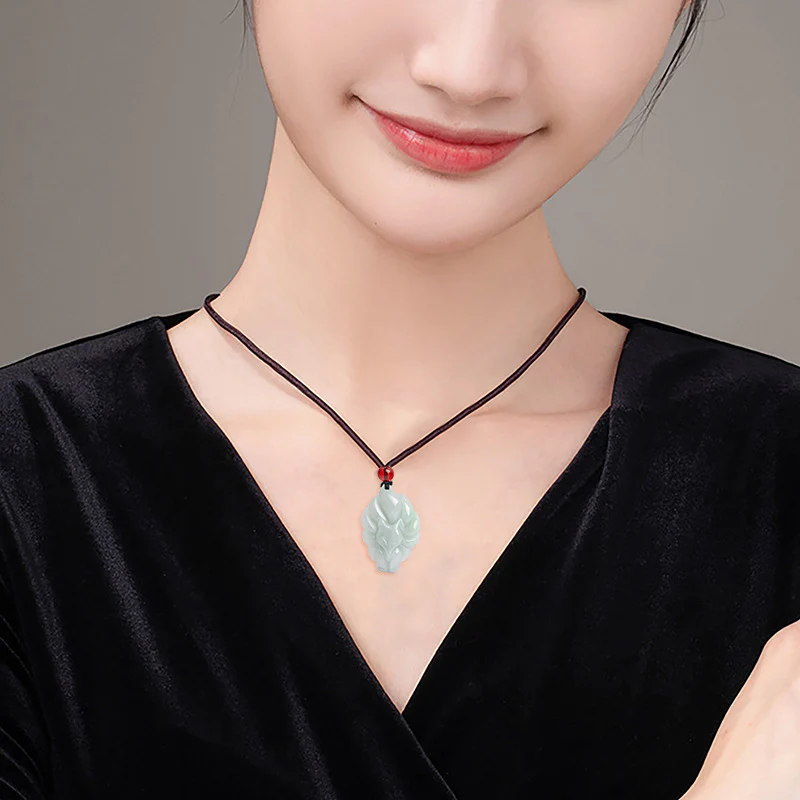 Buddha Stones Natural Jade Nine Tailed Fox Luck Prosperity Neckl