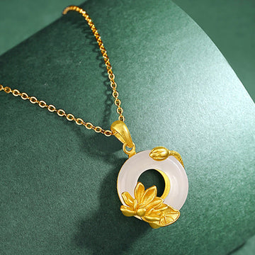 Buddha Stones Natural White Chalcedony Peace Buckle Lotus Pendan