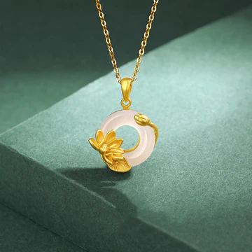 Buddha Stones Natural White Chalcedony Peace Buckle Lotus Pendan