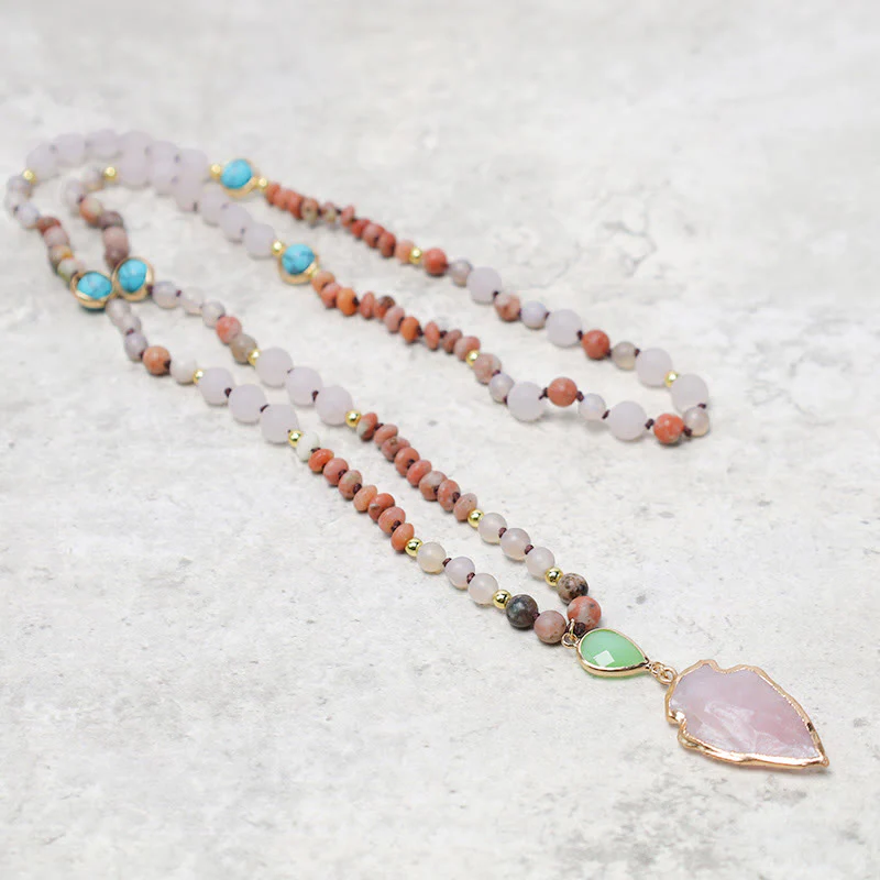 Buddha Stones Natural Rose Quartz Crystal Stone Healing Arrowhead Necklace Pendant