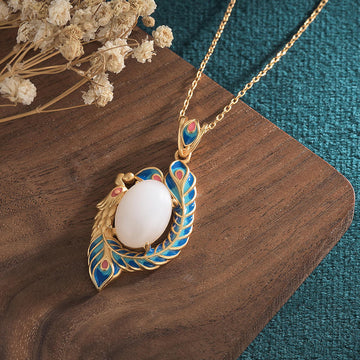 Buddha Stones White Jade Peacock Copper Blessing Necklace Pendan