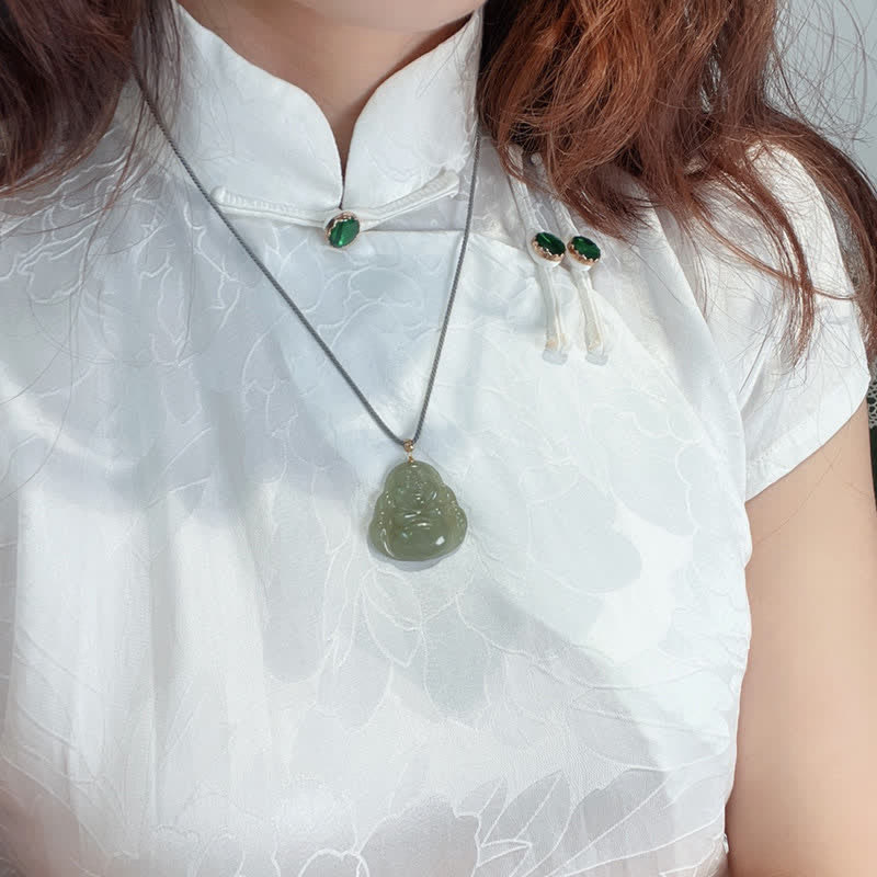 Buddha Stones 18K Gold Laughing Buddha Jade Abundance Necklace String Pendant