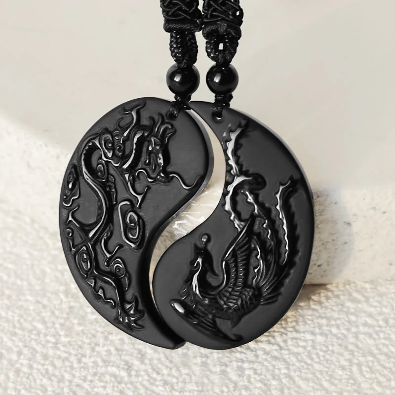 Buddha Stones Black Obsidian Yin Yang Dragon Phoenix Luck Neckla