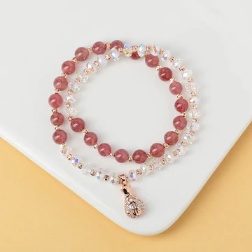 Buddha Stones Strawberry Quartz White Crystal Money Bag Charm Positive Bracelet