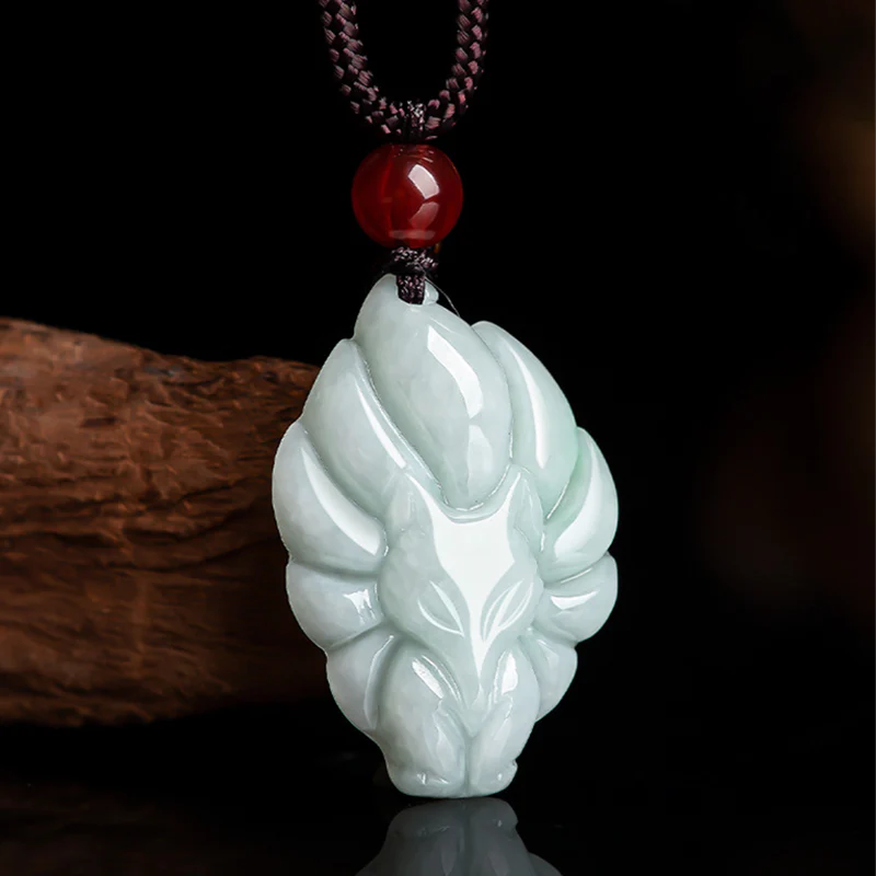 Buddha Stones Natural Jade Nine Tailed Fox Luck Prosperity Neckl