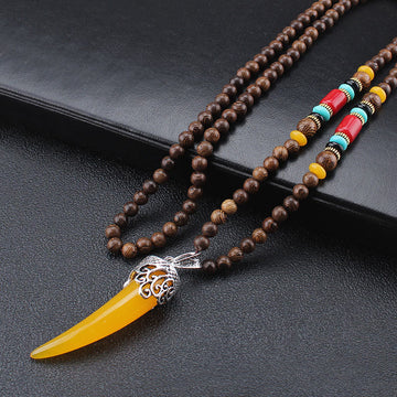 Buddha Stones Wenge Wood Turquoise Stone Horn Style Protection Meditation Necklace Pendant