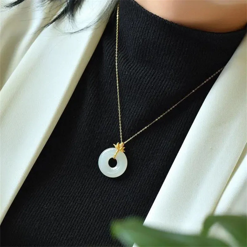 Buddha Stones White Jade Lotus Harmony Necklace Pendant