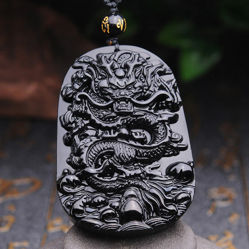 Buddha Stones Black Obsidian Stone Dragon Fulfilment Pendant Nec