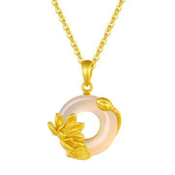 Buddha Stones Natural White Chalcedony Peace Buckle Lotus Pendan