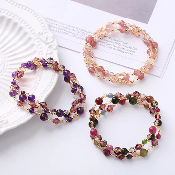 Buddha Stones Natural Tourmaline Strawberry Quartz Amethyst Peace Wisdom Double Wrap Bracelet