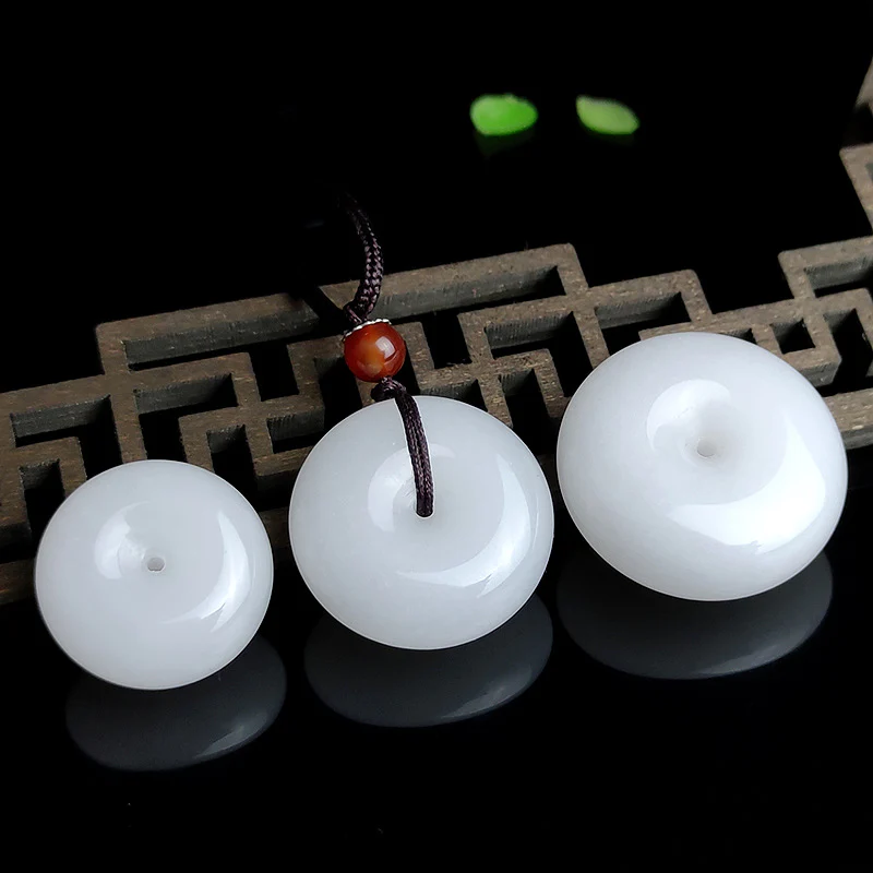 Buddha Stones Round Hetian White Jade Peace Buckle Blessing Necklace Pendant