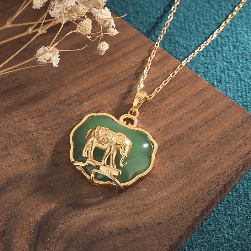 Buddha Stones Natural Jade Elephant Healing Necklace Pendant
