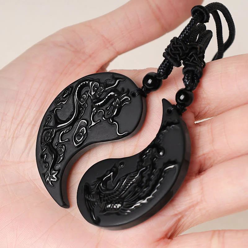 Buddha Stones Black Obsidian Yin Yang Dragon Phoenix Luck Neckla