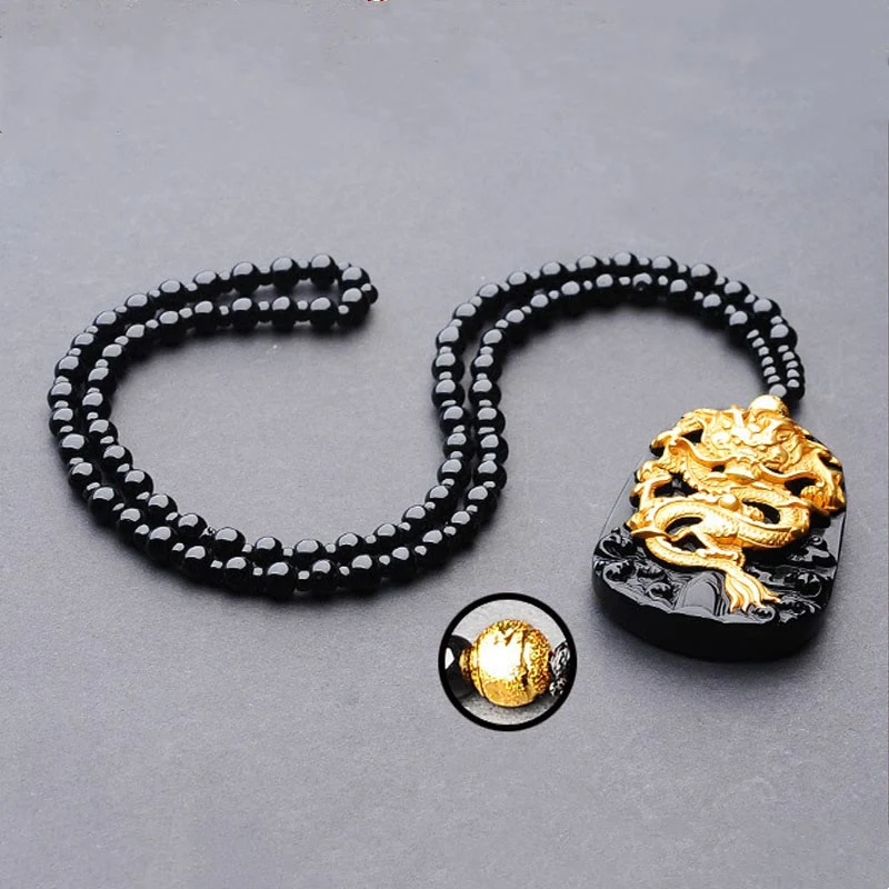 Buddha Stones 18k Gold-plated Dragon Obsidian Lucky Pendant Neck
