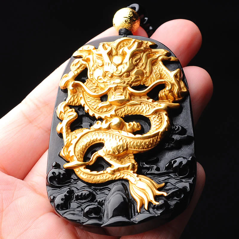 Buddha Stones 18k Gold-plated Dragon Obsidian Lucky Pendant Neck