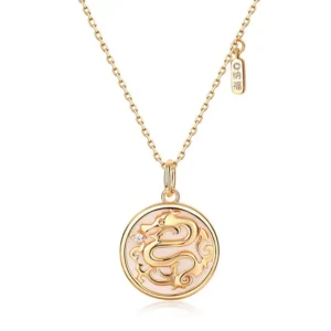 Buddha Stones 925 Sterling Silver Tridacna Stone Year of the Dragon Fu Character Luck Strength Necklace Pendant