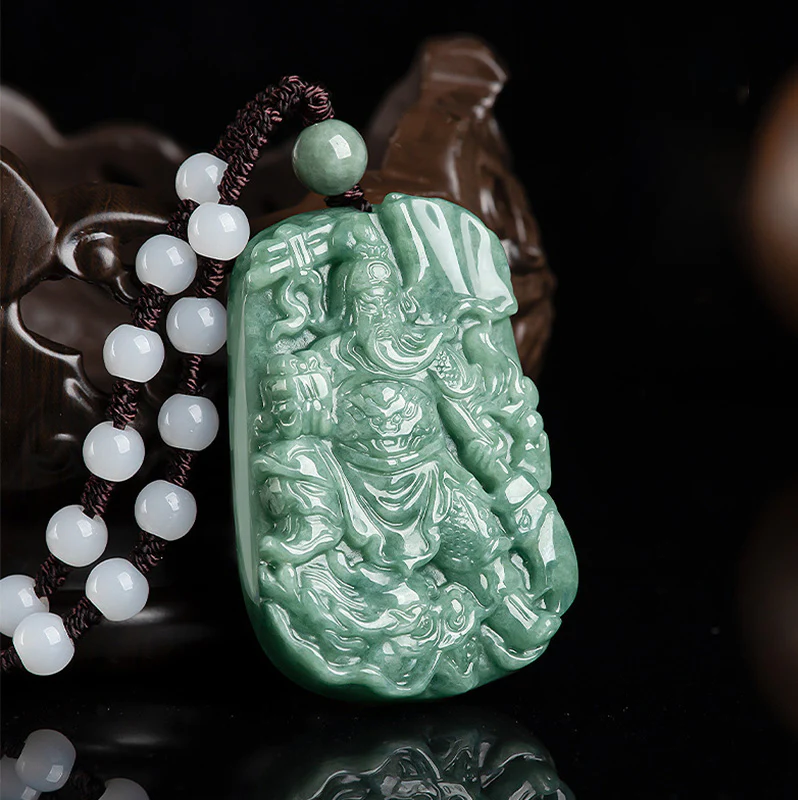 Buddha Stones Natural Jade Guan Gong Amulet Wealth Necklace Pendant