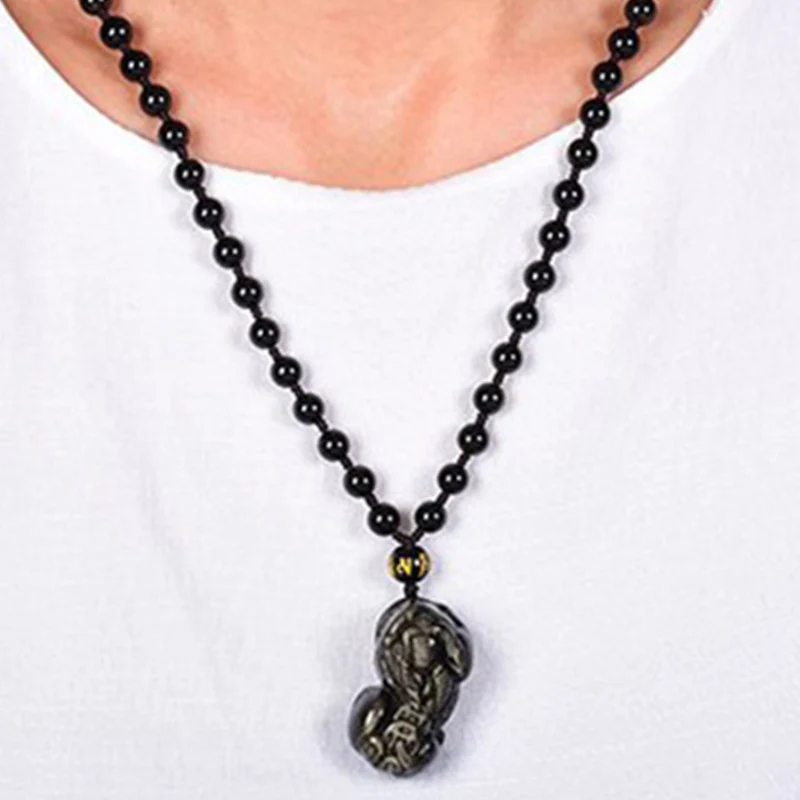 Buddha Stones FengShui Gold Sheen Obsidian PiXiu Wealth Necklace