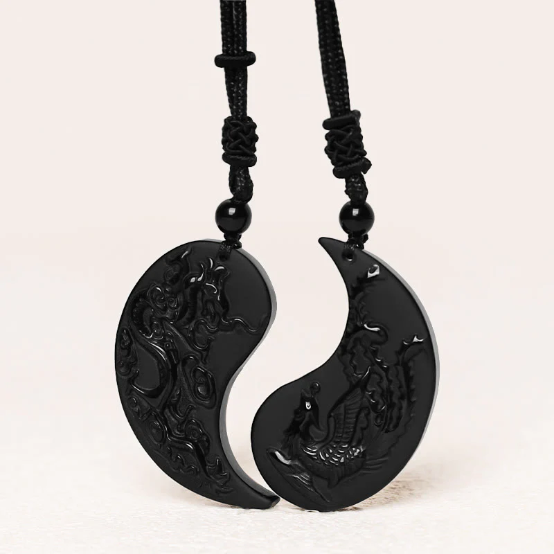 Buddha Stones Black Obsidian Yin Yang Dragon Phoenix Luck Neckla