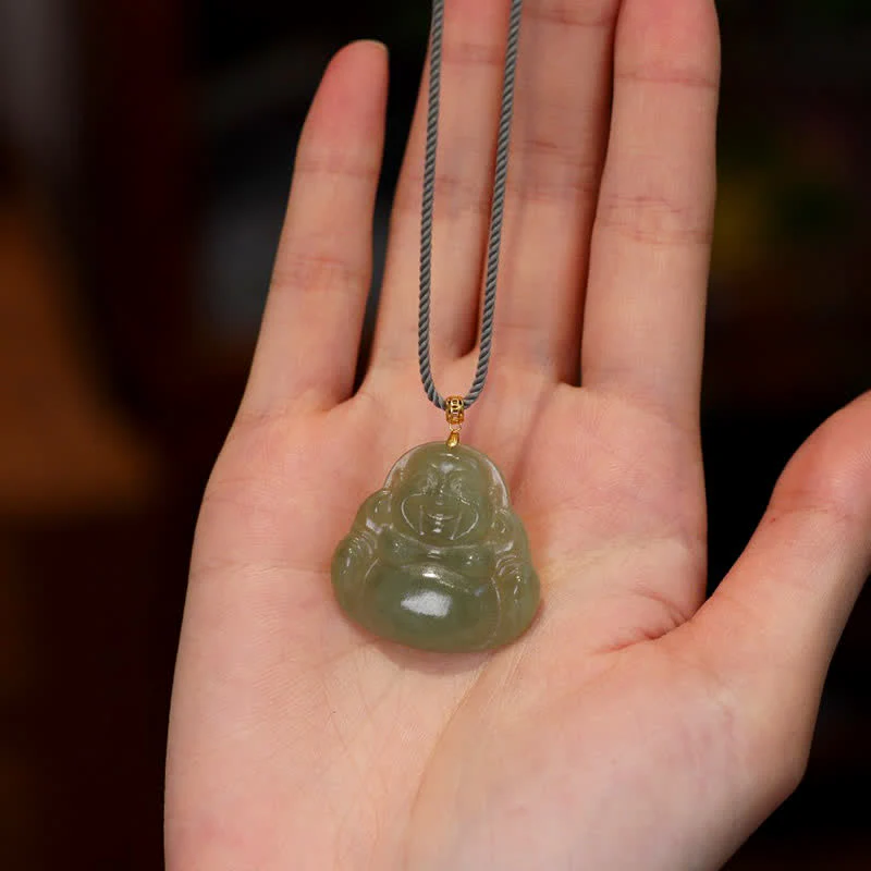 Buddha Stones 18K Gold Laughing Buddha Jade Abundance Necklace String Pendant