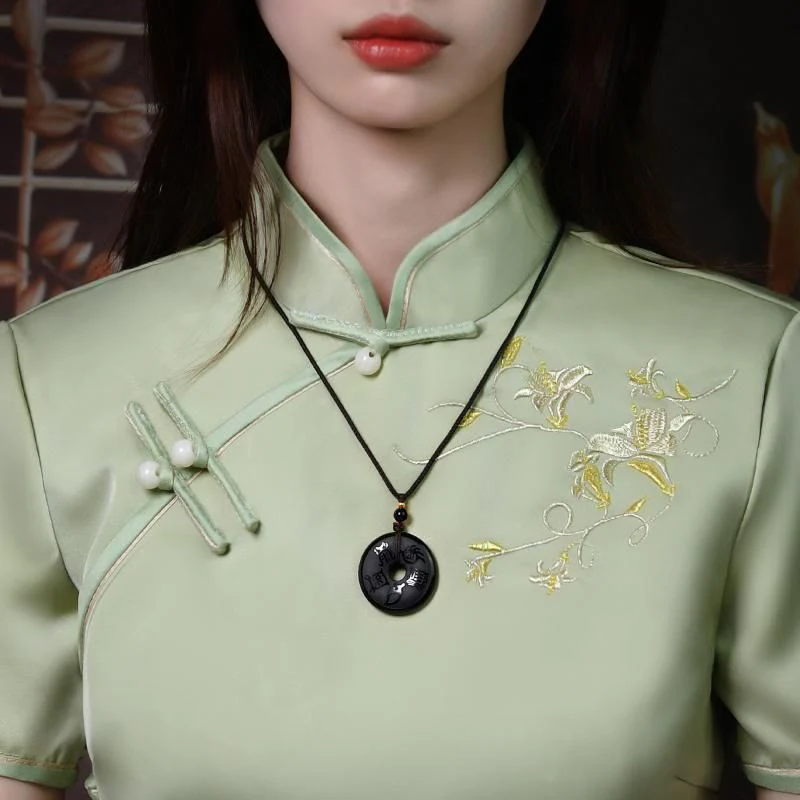 Buddha Stones Black Obsidian Taoism Five Sacred Mountains Carved Strength Peace Buckle Necklace