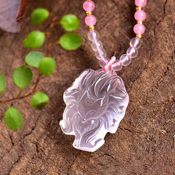 Buddha Stones Natural Pink Crystal Nine Tailed Fox Love Necklace