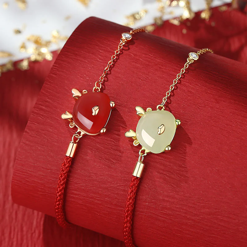 Buddha Stones 925 Sterling Silver Year of the Dragon Natural Hetian Jade Red Agate Cute Dragon Protection