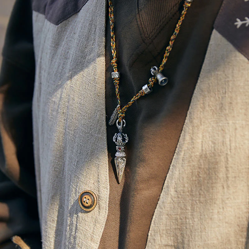 Buddha Stones Tibetan Handmade 925 Sterling Silver Dorje Vajra Om Mani Padme Hum Feather Strength Necklace Pendant