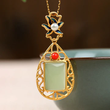 Buddha Stones Vintage Flower Jade Plated Gold Prosperity Necklac