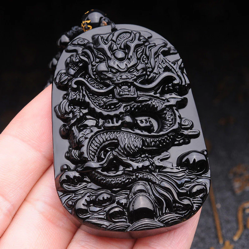 Buddha Stones Black Obsidian Stone Dragon Fulfilment Pendant Nec