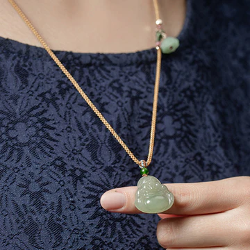 Buddha Stones Laughing Buddha Jade Lotus Prosperity String Neckl
