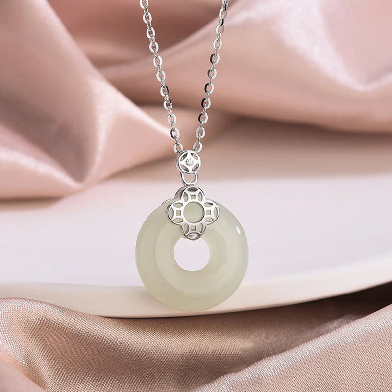 Buddha Stones 925 Sterling Silver Natural Hetian White Jade Chalcedony Coin Peace Buckle Luck Necklace Pendant