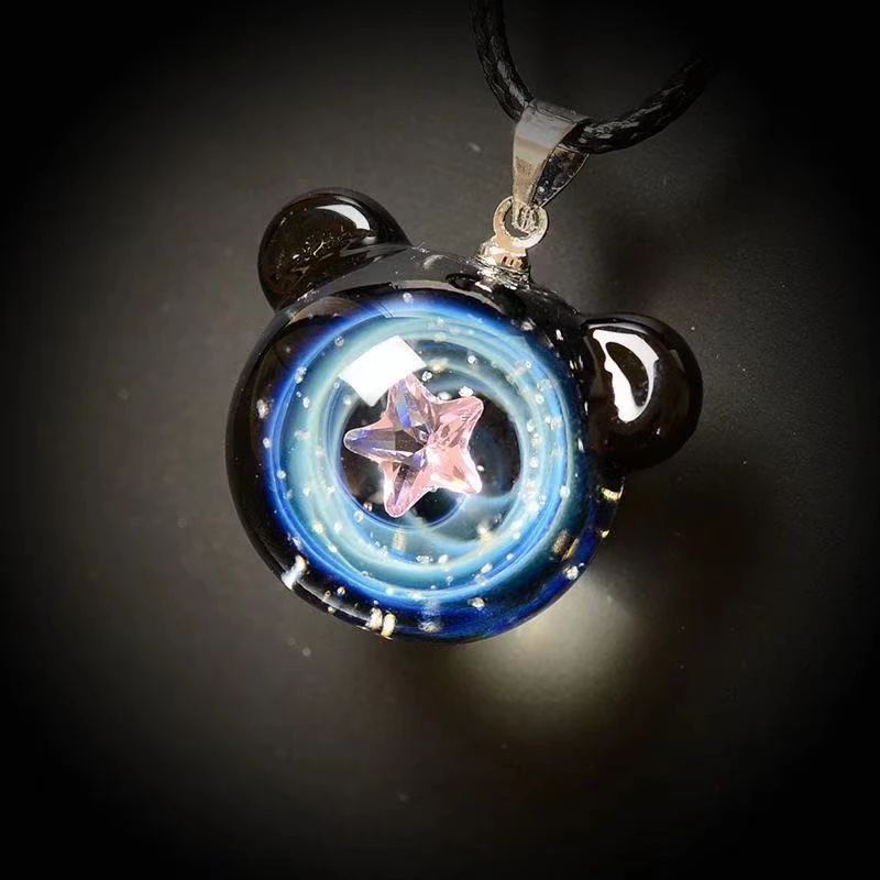 BOEYCJR New Bear Shape Universe Glass Bead Planets Pendant Necklace Galaxy Rope Chain Solar System Design Necklace for Women